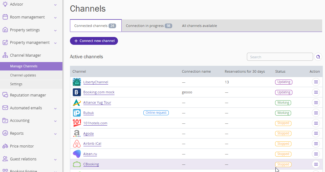 screenshot of Exely Channel Manager